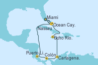 Visitando Miami (Florida/EEUU), Ocho Ríos (Jamaica), Cartagena de Indias (Colombia), Colón (Panamá), Puerto Limón (Costa Rica), Ocean Cay MSC Marine Reserve (Bahamas), Miami (Florida/EEUU), Nassau (Bahamas), Ocean Cay MSC Marine Reserve (Bahamas), Ocean Cay MSC Marine Reserve (Bahamas), Miami (Florida/EEUU)