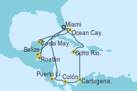 Visitando Miami (Florida/EEUU), Belize (Caribe), Roatán (Honduras), Costa Maya (México), Ocean Cay MSC Marine Reserve (Bahamas), Miami (Florida/EEUU), Ocho Ríos (Jamaica), Cartagena de Indias (Colombia), Colón (Panamá), Puerto Limón (Costa Rica), Ocean Cay MSC Marine Reserve (Bahamas), Miami (Florida/EEUU)