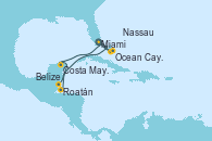 Visitando Miami (Florida/EEUU), Ocean Cay MSC Marine Reserve (Bahamas), Ocean Cay MSC Marine Reserve (Bahamas), Nassau (Bahamas), Miami (Florida/EEUU), Ocean Cay MSC Marine Reserve (Bahamas), Belize (Caribe), Roatán (Honduras), Costa Maya (México), Miami (Florida/EEUU)