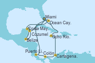 Visitando Miami (Florida/EEUU), Costa Maya (México), Belize (Caribe), Cozumel (México), Ocean Cay MSC Marine Reserve (Bahamas), Miami (Florida/EEUU), Ocho Ríos (Jamaica), Cartagena de Indias (Colombia), Colón (Panamá), Puerto Limón (Costa Rica), Ocean Cay MSC Marine Reserve (Bahamas), Miami (Florida/EEUU)