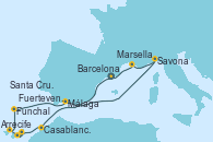 Visitando Barcelona, Casablanca (Marruecos), Casablanca (Marruecos), Arrecife (Lanzarote/España), Fuerteventura (Canarias/España), Santa Cruz de Tenerife (España), Funchal (Madeira), Málaga, Savona (Italia), Marsella (Francia), Barcelona