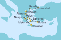 Visitando Estambul (Turquía), Kavala (Grecia), Tesalónica (Grecia), Volos (Grecia), Mykonos (Grecia), Rodas (Grecia), Santorini (Grecia), Heraklion (Creta), Nauplion (Grecia), Atenas (Grecia)