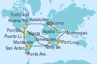 Visitando Savona (Italia), Marsella (Francia), Civitavecchia (Roma), Katakolon (Olimpia/Grecia), Limassol (Chipre), Haifa (Israel), Aqaba (Jordania), Salalah (Omán), Bombay (India), Bombay (India), Mormugao (India), Malé (Maldivas), Malé (Maldivas), Victoria (Seychelles), Nosy Be (Madagascar), Tamatave (Madagascar), Saint Denis (Isla Reunion), Port Louis  (Mauricio), Bahía de Richards (Sudáfrica), Durban (Sudáfrica), Port Elizabeth (San Vicente y Granadinas), Ciudad del Cabo (Sudáfrica), Ciudad del Cabo (Sudáfrica), Walvis Bay (Namibia), Jamestown (Santa Elena), Río de Janeiro (Brasil), Río de Janeiro (Brasil), Buenos aires, Buenos aires, Montevideo (Uruguay), Puerto Madryn (Argentina), Ushuaia (Argentina), Ushuaia (Argentina), Punta Arenas (Chile), Puerto Chacabuco (Chile), Puerto Montt (Chile), San Antonio (Chile), San Antonio (Chile), Arica (Chile), Lima (Callao/Perú), Manta (Ecuador), Canal Panamá, Puerto Cristóbal (Panamá), Puerto Cristóbal (Panamá), Puerto Limón (Costa Rica), Roatán (Honduras), Cozumel (México), Fort Lauderdale (Florida/EEUU), Puerto Cañaveral (Florida), Newport (Rhode Island), Nueva York (Estados Unidos), Nueva York (Estados Unidos), Ponta Delgada (Azores), Praia da Vittoria (Azores), Lisboa (Portugal), Lisboa (Portugal), Tánger (Marruecos), Cádiz (España), Marsella (Francia), Savona (Italia)