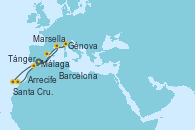 Visitando Málaga, Marsella (Francia), Génova (Italia), Barcelona, Tánger (Marruecos), Santa Cruz de Tenerife (España), Arrecife (Lanzarote/España), Málaga