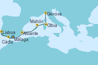 Visitando Málaga, Cádiz (España), Lisboa (Portugal), Alicante (España), Mahón (Menorca/España), Olbia (Cerdeña), Génova (Italia)