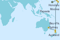 Visitando Honolulu (Hawai), Moorea (Tahití), Papeete (Tahití), Raiatea (Polinesia Francesa), Auckland (Nueva Zelanda), Bay of Islands (Nueva Zelanda), Sydney (Australia)