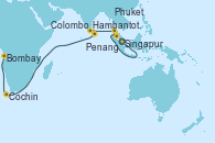 Visitando Singapur, Penang (Malasia), Phuket (Tailandia), Hambantota (Sri Lanka), Colombo (Sri Lanka), Cochin (India), Cochin (India), Bombay (India), Bombay (India)