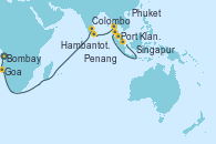 Visitando Bombay (India), Goa (India), Colombo (Sri Lanka), Colombo (Sri Lanka), Hambantota (Sri Lanka), Phuket (Tailandia), Penang (Malasia), Port Klang (Malasia), Singapur, Singapur