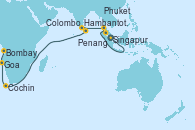 Visitando Singapur, Penang (Malasia), Phuket (Tailandia), Hambantota (Sri Lanka), Colombo (Sri Lanka), Cochin (India), Cochin (India), Goa (India), Bombay (India), Bombay (India)