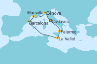 Visitando Civitavecchia (Roma), Palermo (Italia), La Valletta (Malta), Barcelona, Marsella (Francia), Génova (Italia), Civitavecchia (Roma)