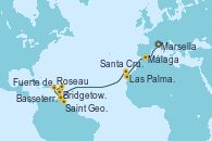Visitando Marsella (Francia), Málaga, Las Palmas de Gran Canaria (España), Santa Cruz de Tenerife (España), Bridgetown (Barbados), Saint George (Grenada), Roseau (Dominica), Basseterre (Antillas), Fuerte de France (Martinica)
