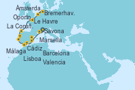 Visitando Savona (Italia), Marsella (Francia), Barcelona, Valencia, Málaga, Cádiz (España), Lisboa (Portugal), Oporto (Portugal), La Coruña (Galicia/España), Le Havre (Francia), Bremerhaven (Alemania), Ámsterdam (Holanda)