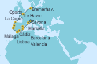 Visitando Savona (Italia), Marsella (Francia), Barcelona, Valencia, Málaga, Cádiz (España), Lisboa (Portugal), Oporto (Portugal), La Coruña (Galicia/España), Le Havre (Francia), Bremerhaven (Alemania)