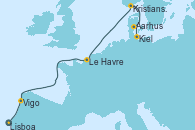 Visitando Lisboa (Portugal), Vigo (España), Le Havre (Francia), Kristiansand (Noruega), Aarhus (Dinamarca), Kiel (Alemania)