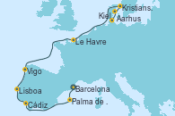 Visitando Barcelona, Palma de Mallorca (España), Cádiz (España), Lisboa (Portugal), Lisboa (Portugal), Vigo (España), Le Havre (Francia), Kristiansand (Noruega), Aarhus (Dinamarca), Kiel (Alemania)