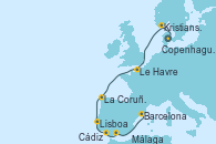 Visitando Copenhague (Dinamarca), Kristiansand (Noruega), Le Havre (Francia), La Coruña (Galicia/España), Lisboa (Portugal), Cádiz (España), Málaga, Barcelona