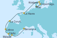 Visitando Kiel (Alemania), Copenhague (Dinamarca), Kristiansand (Noruega), Le Havre (Francia), La Coruña (Galicia/España), Lisboa (Portugal), Cádiz (España), Málaga, Barcelona