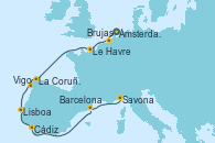 Visitando Ámsterdam (Holanda), Brujas (Bélgica), Le Havre (Francia), La Coruña (Galicia/España), Vigo (España), Lisboa (Portugal), Cádiz (España), Barcelona, Savona (Italia)