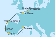 Visitando Ámsterdam (Holanda), Brujas (Bélgica), Le Havre (Francia), La Coruña (Galicia/España), Vigo (España), Lisboa (Portugal), Cádiz (España), Barcelona