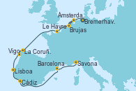 Visitando Bremerhaven (Alemania), Brujas (Bélgica), Ámsterdam (Holanda), Brujas (Bélgica), Le Havre (Francia), La Coruña (Galicia/España), Vigo (España), Lisboa (Portugal), Cádiz (España), Barcelona, Savona (Italia)