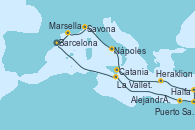 Visitando Barcelona, Marsella (Francia), Savona (Italia), Nápoles (Italia), Catania (Sicilia), Heraklion (Creta), Haifa (Israel), Puerto Said (Egipto), Alejandría (Egipto), La Valletta (Malta), Barcelona