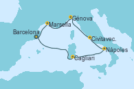 Visitando Barcelona,Navegación,Cagliari (Cerdeña),Nápoles (Italia),Civitavecchia (Roma),Génova (Italia),Marsella (Francia),Barcelona