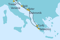 Visitando Trieste (Italia), Venecia (Italia), Split (Croacia), Kotor (Montenegro), Katakolon (Olimpia/Grecia), Corfú (Grecia), Dubrovnik (Croacia), Trieste (Italia)