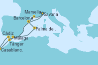 Visitando Savona (Italia), Marsella (Francia), Málaga, Cádiz (España), Casablanca (Marruecos), Casablanca (Marruecos), Tánger (Marruecos), Palma de Mallorca (España), Barcelona, Savona (Italia)