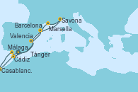Visitando Málaga, Cádiz (España), Casablanca (Marruecos), Tánger (Marruecos), Valencia, Barcelona, Savona (Italia), Marsella (Francia), Málaga