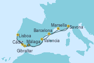 Visitando Málaga, Cádiz (España), Lisboa (Portugal), Gibraltar (Inglaterra), Valencia, Barcelona, Savona (Italia), Marsella (Francia), Málaga