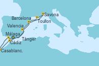 Visitando Málaga, Cádiz (España), Casablanca (Marruecos), Tánger (Marruecos), Valencia, Barcelona, Savona (Italia), Toulon (Francia), Málaga