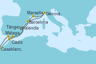 Visitando Valencia, Barcelona, Génova (Italia), Marsella (Francia), Málaga, Cádiz (España), Casablanca (Marruecos), Tánger (Marruecos), Valencia