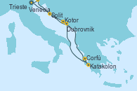Visitando Venecia (Italia), Split (Croacia), Kotor (Montenegro), Katakolon (Olimpia/Grecia), Corfú (Grecia), Dubrovnik (Croacia), Trieste (Italia), Venecia (Italia)