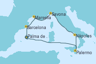 Visitando Palma de Mallorca (España), Barcelona, Marsella (Francia), Savona (Italia), Nápoles (Italia), Palermo (Italia), Palma de Mallorca (España)