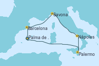 Visitando Palma de Mallorca (España), Barcelona, Cannes (Francia), Savona (Italia), Nápoles (Italia), Palermo (Italia), Palma de Mallorca (España)