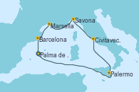 Visitando Palma de Mallorca (España), Palermo (Italia), Civitavecchia (Roma), Savona (Italia), Marsella (Francia), Barcelona, Palma de Mallorca (España)