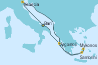 Visitando Bari (Italia), Venecia (Italia), Mykonos (Grecia), Mykonos (Grecia), Santorini (Grecia), Argostoli (Grecia), Bari (Italia)