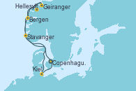 Visitando Copenhague (Dinamarca),Navegación,Hellesylt (Noruega),Geiranger (Noruega),Bergen (Noruega),Stavanger (Noruega),Navegación,Kiel (Alemania),Copenhague (Dinamarca)