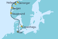 Visitando Kiel (Alemania), Copenhague (Dinamarca), Hellesylt (Noruega), Geiranger (Noruega), Bergen (Noruega), Haugesund (Noruega), Kiel (Alemania)