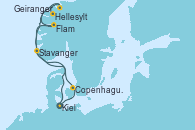 Visitando Kiel (Alemania), Copenhague (Dinamarca), Hellesylt (Noruega), Geiranger (Noruega), Flam (Noruega), Stavanger (Noruega), Kiel (Alemania)