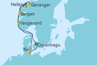 Visitando Copenhague (Dinamarca), Hellesylt (Noruega), Geiranger (Noruega), Bergen (Noruega), Haugesund (Noruega), Kiel (Alemania), Copenhague (Dinamarca)