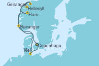 Visitando Copenhague (Dinamarca), Hellesylt (Noruega), Geiranger (Noruega), Flam (Noruega), Stavanger (Noruega), Kiel (Alemania), Copenhague (Dinamarca)