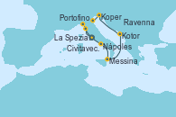 Visitando Civitavecchia (Roma), La Spezia, Florencia y Pisa (Italia), Portofino (Italia), Nápoles (Italia), Messina (Sicilia), Kotor (Montenegro), Koper (Eslovenia), Ravenna (Italia)