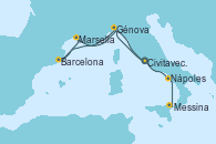 Visitando Civitavecchia (Roma), Génova (Italia), Barcelona, Marsella (Francia), Génova (Italia), Nápoles (Italia), Messina (Sicilia)