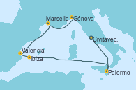 Visitando Civitavecchia (Roma), Palermo (Italia), Ibiza (España), Valencia, Marsella (Francia), Génova (Italia)