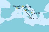 Visitando Siracusa (Sicilia), Taranto (Italia), Civitavecchia (Roma), Génova (Italia), Marsella (Francia), Génova (Italia)