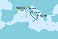 Visitando Taranto (Italia), Civitavecchia (Roma), Génova (Italia), Marsella (Francia), Génova (Italia)