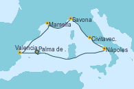 Visitando Palma de Mallorca (España), Valencia, Marsella (Francia), Savona (Italia), Civitavecchia (Roma), Nápoles (Italia), Palma de Mallorca (España)