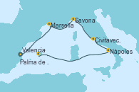 Visitando Valencia, Marsella (Francia), Savona (Italia), Civitavecchia (Roma), Nápoles (Italia), Palma de Mallorca (España)
