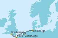 Visitando Zeebrugge (Bruselas), Le Havre (Francia), Southampton (Inglaterra), Hamburgo (Alemania), Zeebrugge (Bruselas)